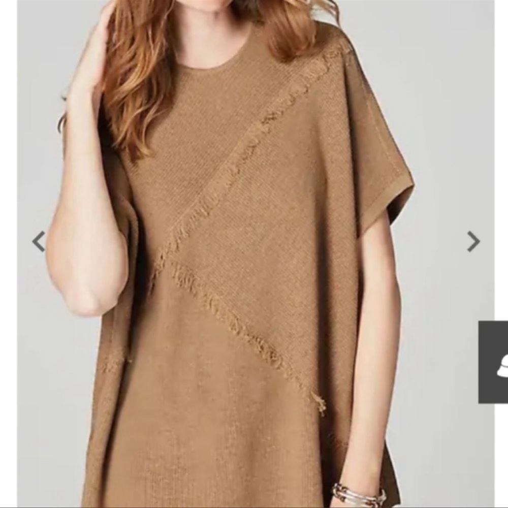 J. Jill Camel Yak Hair Blend Knit Fringe Trim Pullover Poncho Sweater